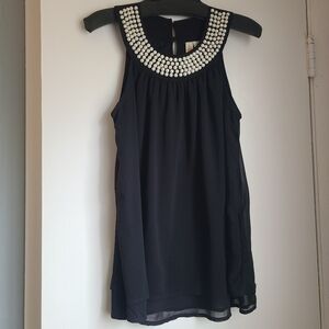 Adiva Sleeveless Black Blouse with White Pearls Neckline,  Size S